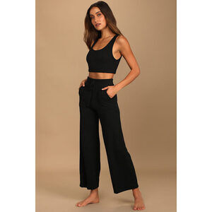 Lulus Sweet Slumber Black Ribbed Two-piece Pajama Set - Size Medium